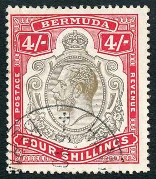 Bermuda SG52b 1920 KGV 4/- Black and Carmine Wmk Mult Crown CA VFU