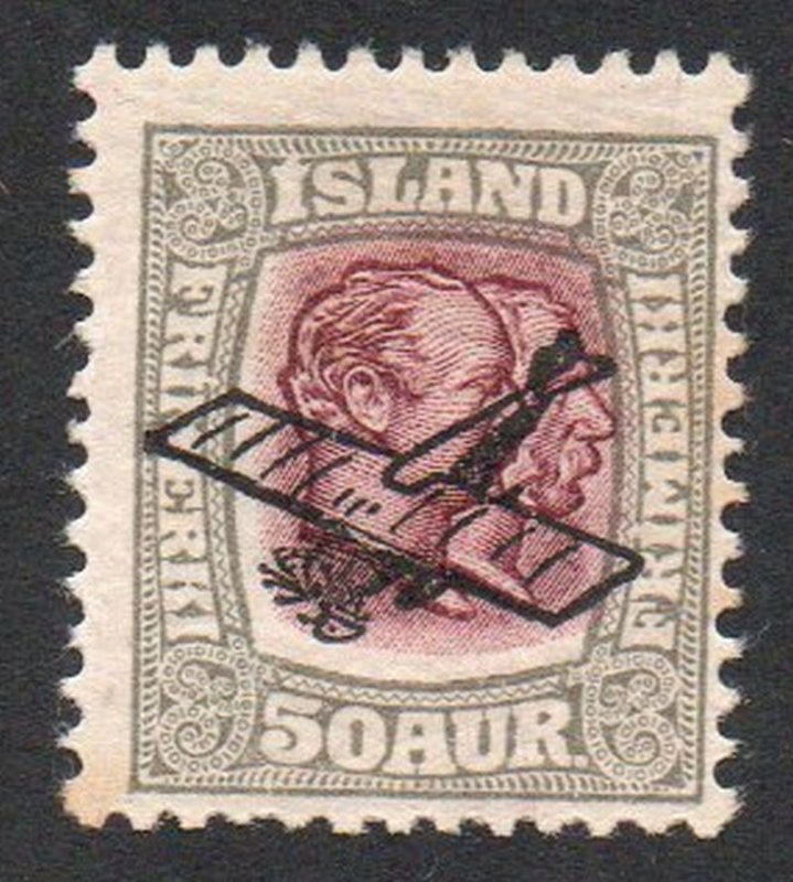 Iceland  Sc C2 1929 Airplane overprint on 50 aur 2 Kings stamp mint