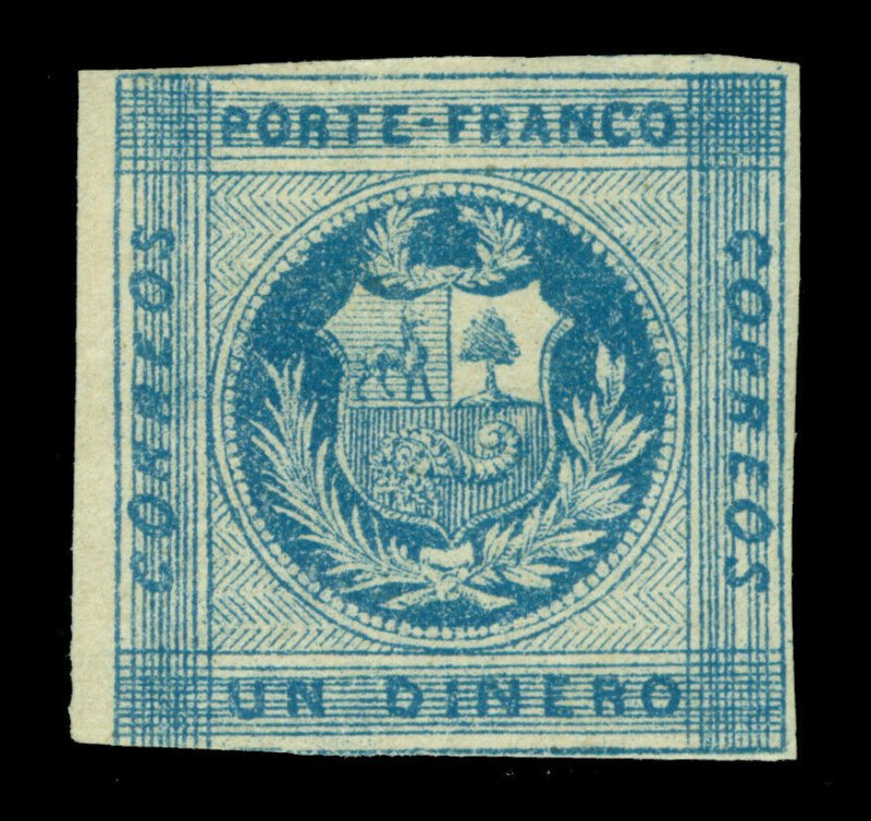 PERU 1860 Coat of Arms Llama 1d deep blue Scott # 9c mint MH Zigzag lines broken