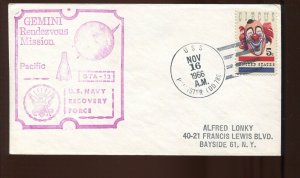 GEMINI 12 USS HOLLISTER RECOVERY SHIP NOV 16 1966 HANDSTAMP COVER GT168