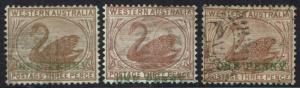 WESTERN AUSTRALIA 1893 SWAN ONE PENNY ON 3D BOTH WMK CROWN CC SHADES & CROWN CA