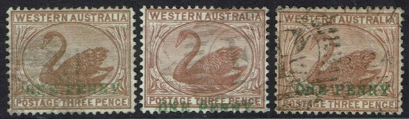 WESTERN AUSTRALIA 1893 SWAN ONE PENNY ON 3D BOTH WMK CROWN CC SHADES & CROWN CA