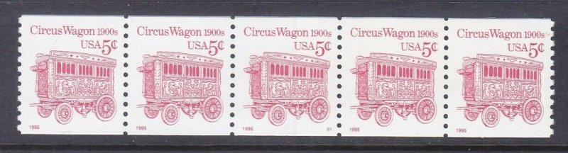 US 2452D MNH 1992 5¢ Circus Wagon 1900s PNC Strip of 5 Plate #S1