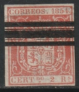 Spain 1854 Sc 28b used bar cancel pale red thin at top