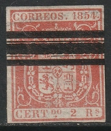 Spain 1854 Sc 28b used bar cancel pale red thin at top