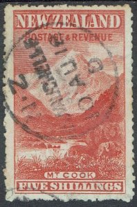 NEW ZEALAND 1902 MOUNT COOK 5/- WMK STAR NZ SIDEWAYS PERF 14 USED