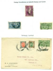 ICELAND CANCELS - Collection of Foreign cancels on Icelandic stamps and covers,