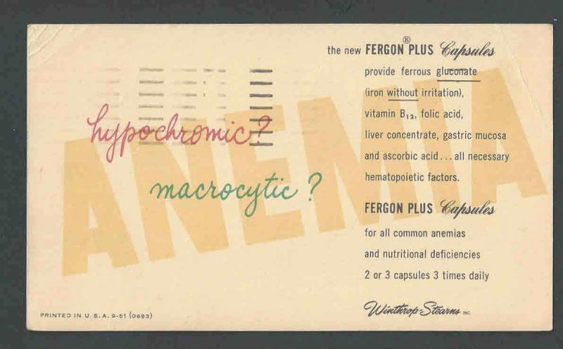 1951 PC Winthrop Stearns NY Anemic Remedy W/Fergon Capsules Colorful Card