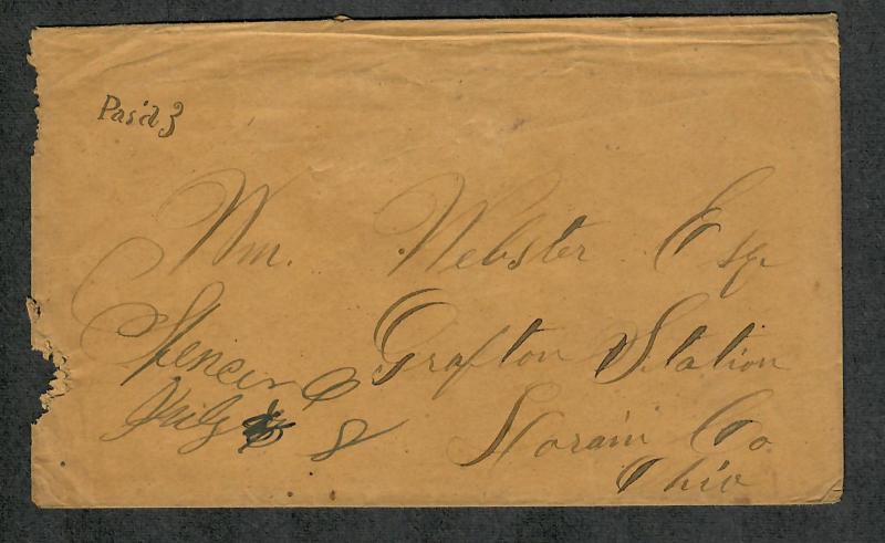 US Stampless Cover Spencer Ohio Unlisted Paid 3 M/S