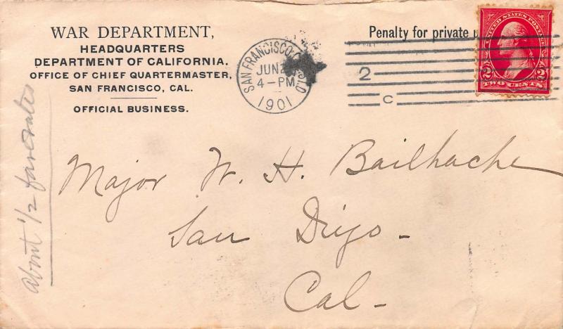 U.S., 2c Washington Used on War Department, California, 1901 Penalty Cover