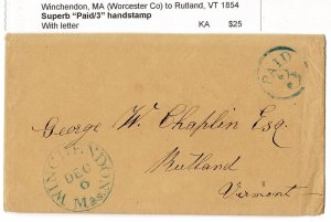 USA 1854 Winchendon MA to Rutland VA stampless