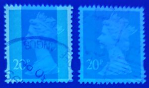 GB  Machin 20p Y1684 2 bands pair showing Phosphors Used  SC# MH210 details s...