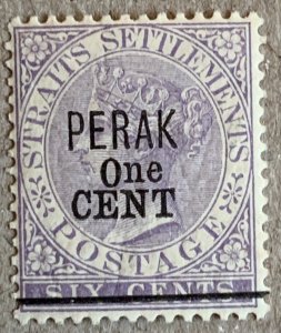 Perak 1891 1c on 6c with rare Dropped O variety. Scott 40, CV $210.00, SG 45