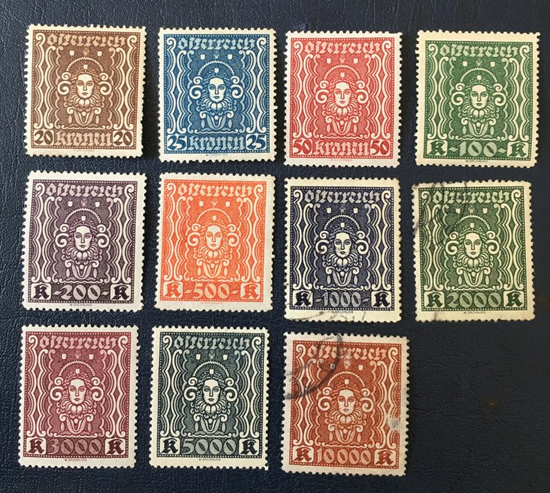 AUSTRIA STAMPS,1922-24,Sc#288-298,symbol Of Art And Science,MNH,MN,used