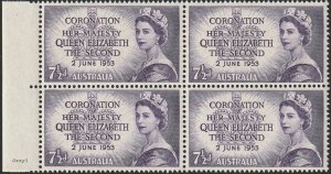 Australia 1953 Sc#260 7-1/2d QEII Coronation Block of 4 MINT-VF-XF-OG-NH.