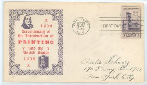 US 857 1939 3c Tercentenary of printing in America on an addressed FDC with a Sanders cachet.