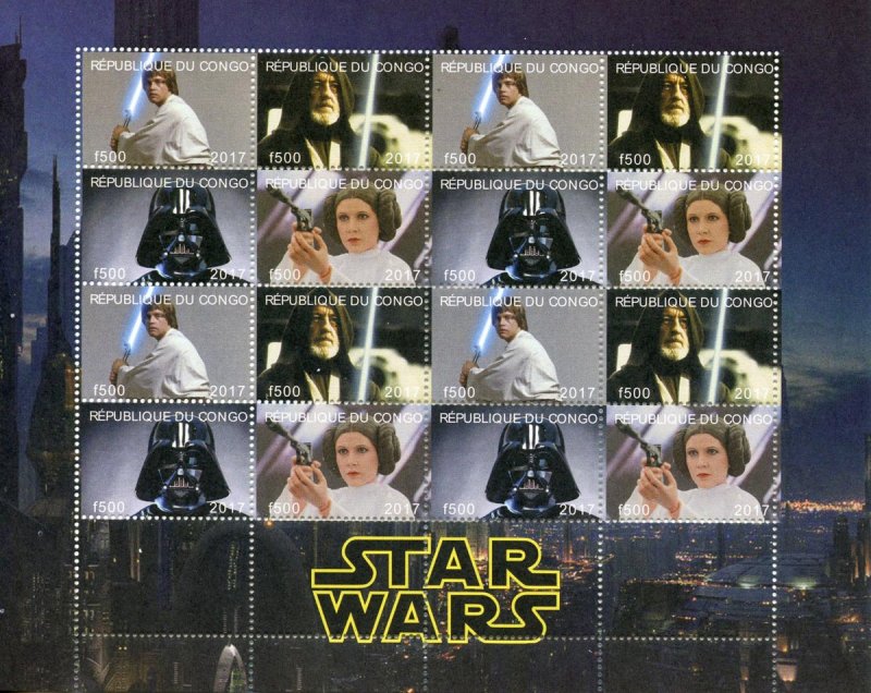 Congo 2017 Star Wars Princess Leia Darth Vader 4vx4 Mint Full Sheet. (L-10)