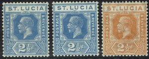 ST LUCIA 1921 KGV 21/2D ALL 3 COLOURS WMK MULTI SCRIPT CA