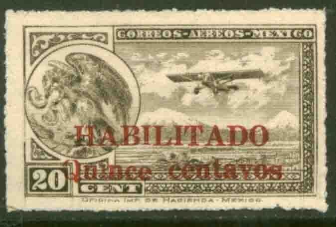 MEXICO C39, 15¢ on 20¢ Early Air Mail Habilitado surcharge. MINT, NH. F-VF.