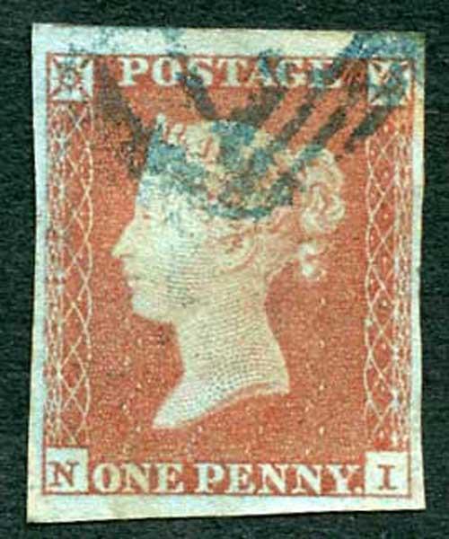 1841 Penny Red (NI) with Blue Pmk Four Margins