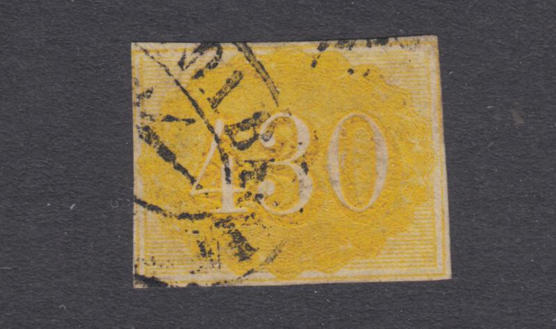 Brazil Sc 40 used. 1861 430r yellow definitive, 4 margins, black cancel, sound