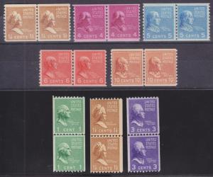 US Sc 840/851 MNH. 1939 Prexie Joint Line Coil Pairs, 8 different