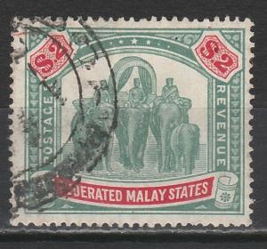 FEDERATED MALAY STATES 1922 TIGER $2 WMK MULTI SCRIPT CA POSTALLY USED