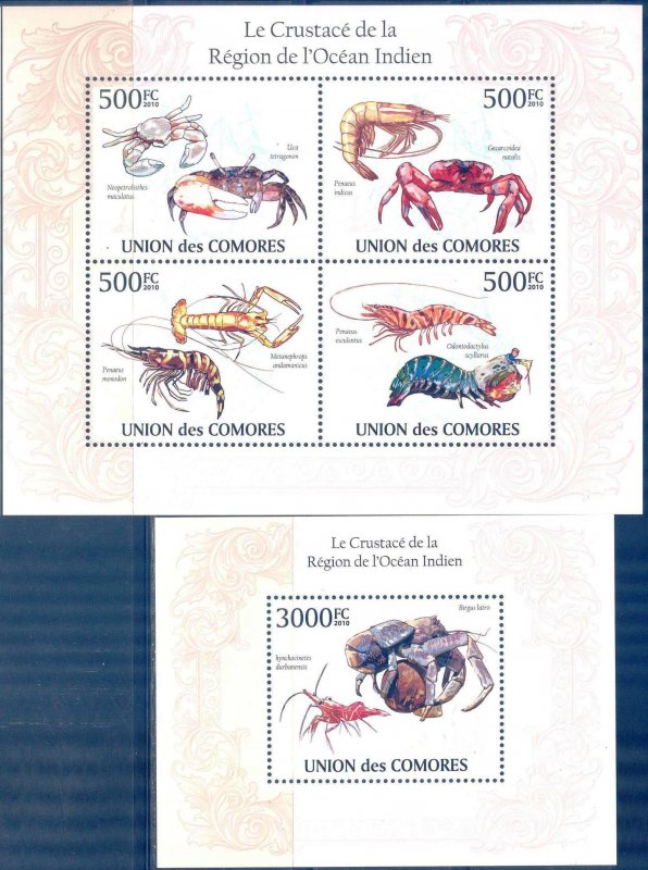 Comoro Islands 2010 Marine Life Crustaceans Crabs Lobsters Sheet + S/S MNH