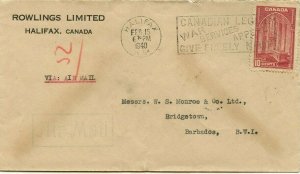 10c War Issue Airmail 1st 1/4oz 1940 to BARBADOS BWI w/receiver Canada cover