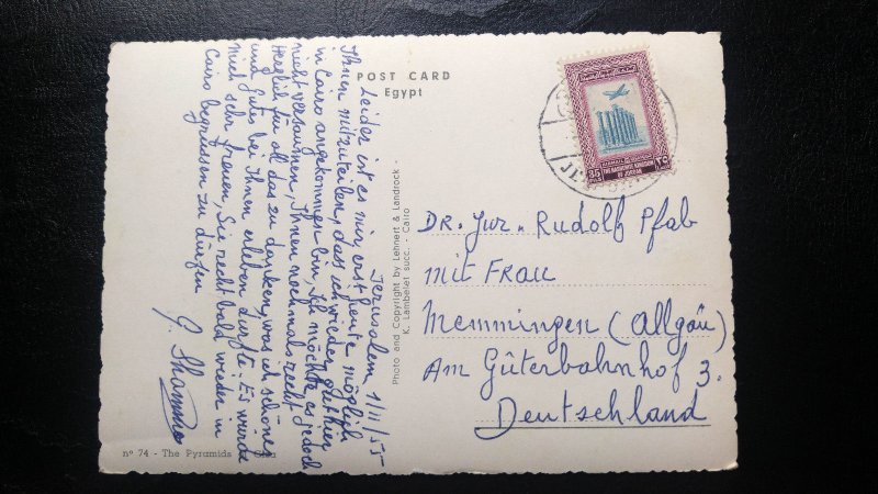 PALESTINE TO GERMANY 1955 “PYRAMIDS OF GIZA” JERUSALEM CANCEL VINTAGE POST