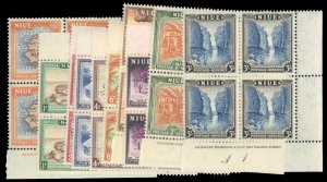 Niue #94-103 Cat$59.20, 1950 1/2p-3sh, complete set in corner margin blocks o...