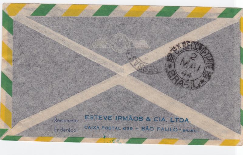 brasil 1944 air mail flight stamps cover sao paulo   ref r15435