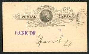 1892 Minneapolis MN to Ipswich SD Postal Card First National Bank Banking Trade