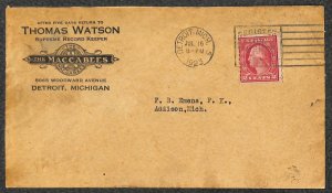 455 STAMP WATSON THE MACCABEES DETROIT MICHIGAN FRATERNAL & LETTER COVER 1923