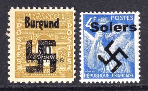 FRANCE OVERPRINTS x2 DIFFERENT OG NH U/M F/VF BEAUTIFUL GUM BURGUND SOLERS