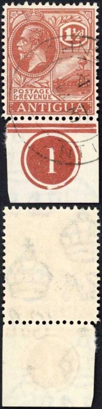 Antigua SG69 1 1/2d Pale Red-brown wmk Script Plate Number example