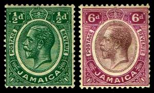 1921-27 Jamaica #101-02 KGV Type of 1912-19 - OGHR - VF - CV$22.50 (ESP#3521)