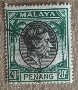 Malaya Penang 1949 20c KGVI, used. Scott 14, CV $1.50. SG 14