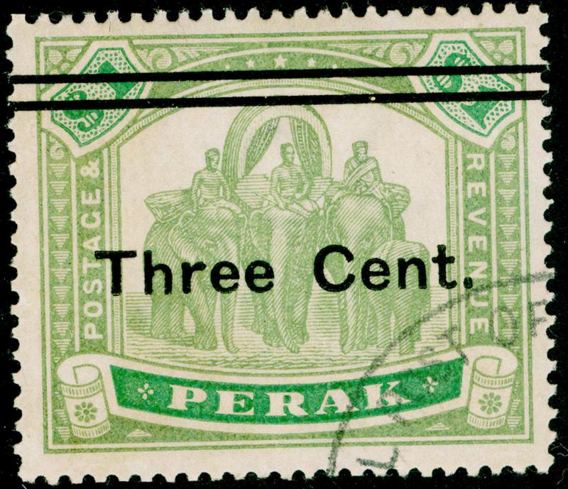 MALAYSIA - Perak SG86, 3c on $1 green & pale green, FINE USED, CDS. Cat £150.