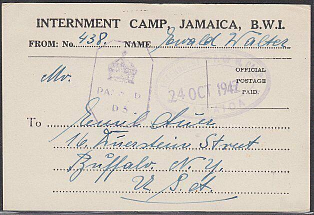 JAMAICA 1942 INTERNMENT CAMP postcard to USA - censor D5..................54781