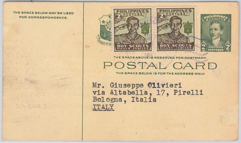 BOY SCOUTS -  PHILIPPINES -  POSTAL HISTORY: POSTAL STATIONERY CARD to ITALY 