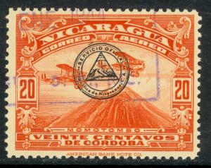 NICARAGUA 1937 20c PLANE OVER MT. MOMOTOMBO Airmail Official Sc CO26 VFU