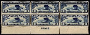 C10  U.S. Airmail bottom Plate Block 6 Mint, o.g., never hinged 