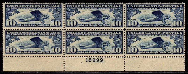 C10  U.S. Airmail bottom Plate Block 6 Mint, o.g., never hinged 