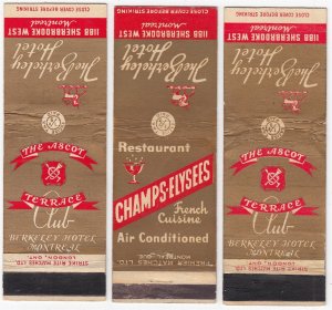 Canada Revenue 1/5¢ Excise Tax Matchbooks BERKELEY HOTEL Montreal - Group of 3