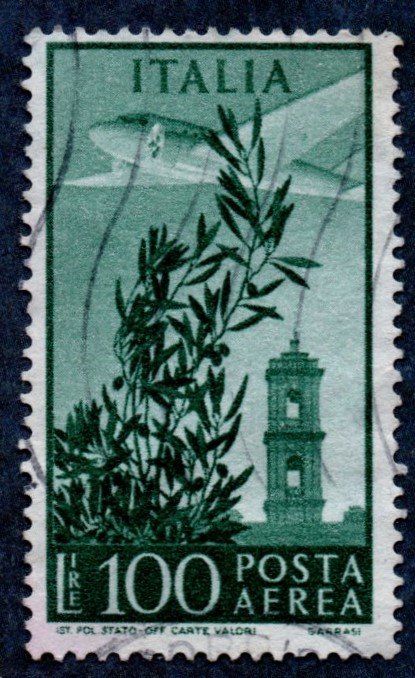 Italy Scott #C123 100L Plane over Capital Bell Tower (1948) used