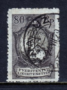 LIECHTENSTEIN — SCOTT 68 — 1921 80rp RED TOWER AT VADUZ  — USED — SCV $85