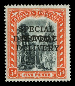 Bahamas #E1a Cat$1,000, 1916 5p orange and black, overprint double, hinged, w...