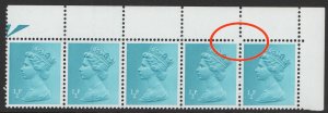 GB 1971 Machin ½p PCP um corner strip of 5 with double blind perf error