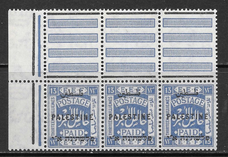 Palestine Scott 57 MNHOG Strip of 3 - 1922 8mm O/P, Perf 14, Wmk 4